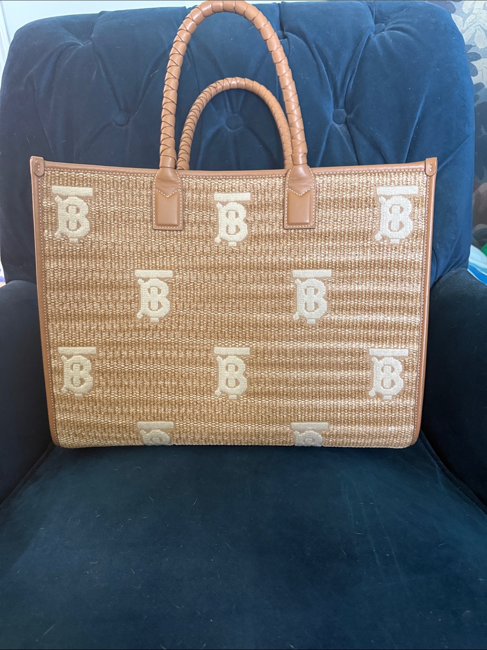 Burberry Freya Tan Large Raffia Tote with Cream TB Monogram